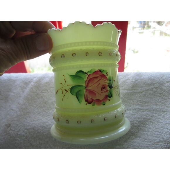 Jefferson Glass? Beautiful 4 1/2" custard glass jar, three mold mks, gold trim - Picture 2 of 7
